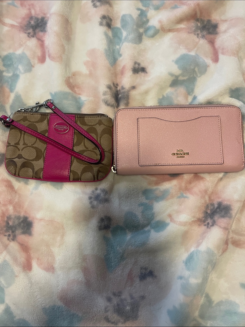 Coach Pink Signature Wristlet and Pink Leather Zip Wallet Set